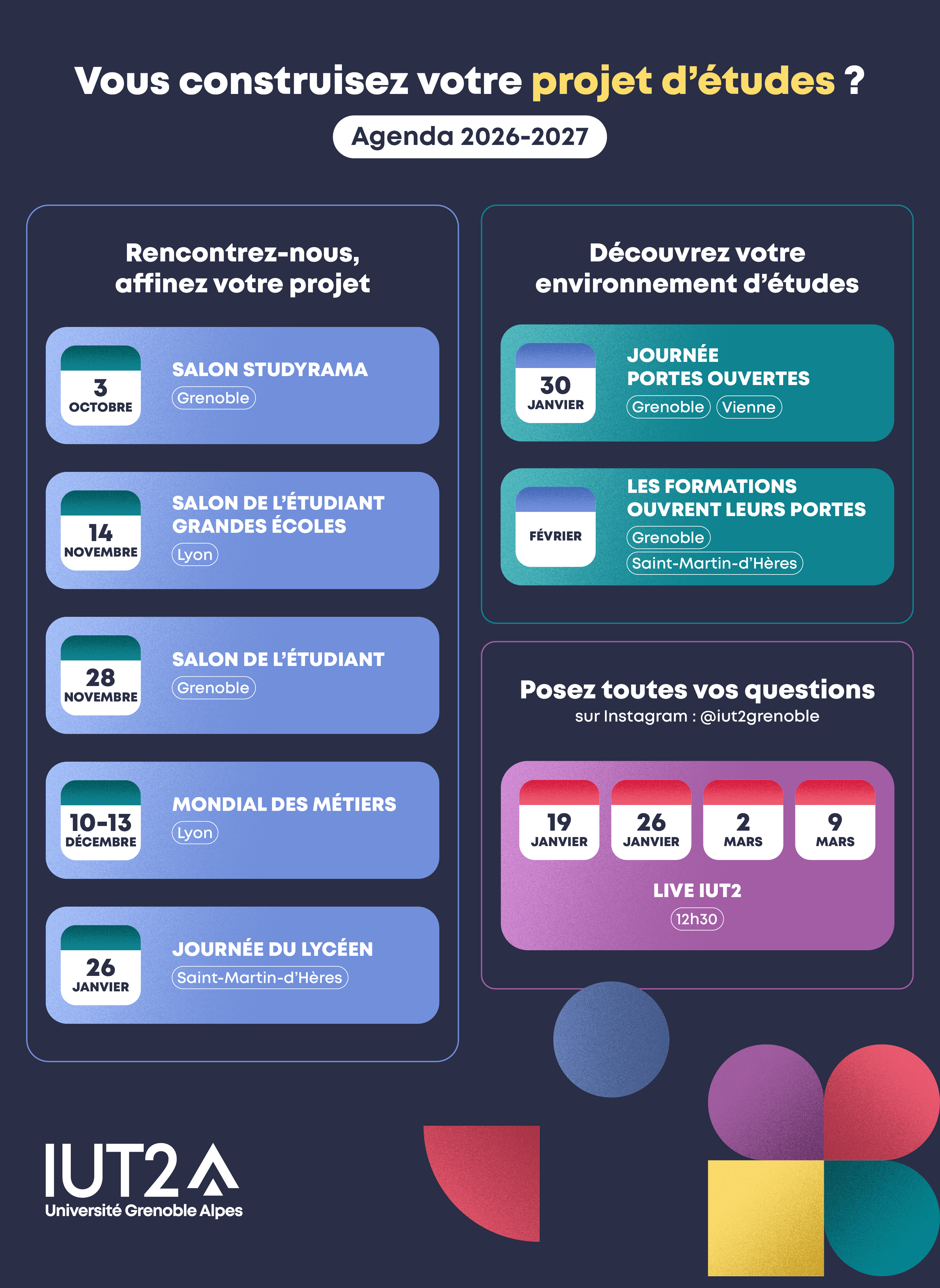Calendrier événements pour l'IUT2 2026-2027